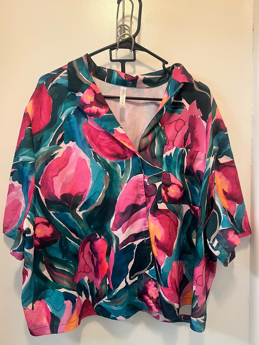 Fabletics Teal & Pink Floral Satin Button-Down Shirt